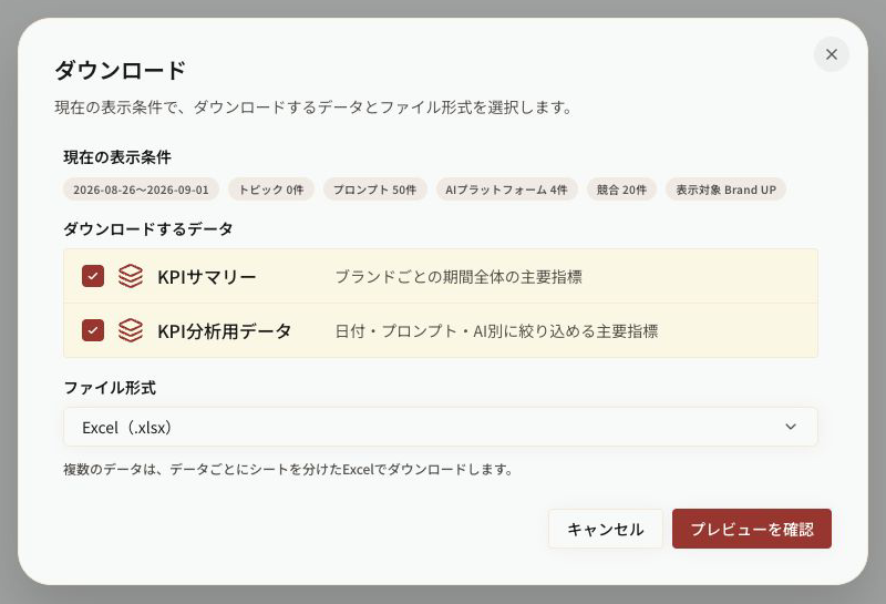 KPIサマリーとKPI分析用データを選択したダウンロード設定画面